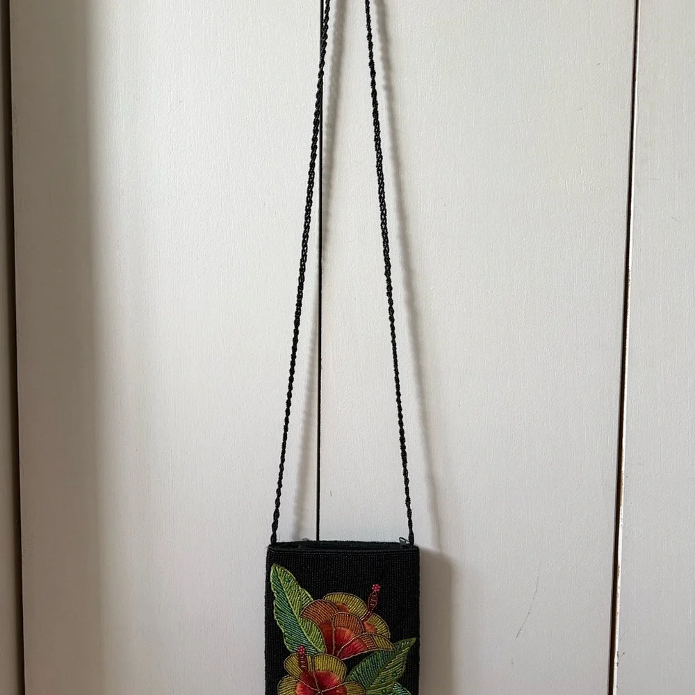 Vintage Beaded Floral Crossbody Bag - Black with Red, Yellow & Green Embroidery - Picture 2 of 5
